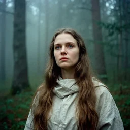 portrait bust of woman, russian cinema, tarkovsky, kodachrome, dense forest, long brown hair, cloth, heavy fog, hudson river school, 4 k, dramatic lighting