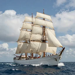 a beautiful yacht with full sail’s, sunny day with puffy clouds and heavy waves, low camera angle, in style of Aivazovsky, epic lighting, ultra realistic, 4k, hyper details, cinematic, sharp edges,