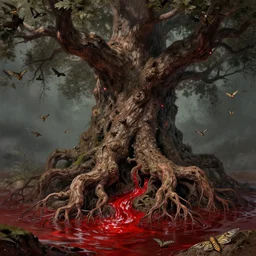 a giant rotting tree with crimson water flowing through its roots surrounded by moths, concept art, digital painting, trending on artstation, deviantart, highly detailed, perfect composition, dramatic lighting, sharp focus, 8 k uhd
