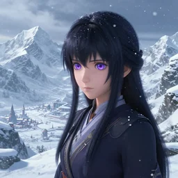 beautiful himalayan sci-fi princess with purple eyes, somber, scene of a blizzard on the mountain overlooking a futuristic village, 8k hdr pixiv dslr photo by Makoto Shinkai and Wojtek Fus, 3d realisitc anime, final fantasy 14 style