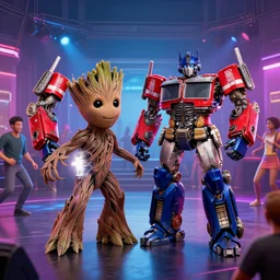 groot and optimus prime in techno party among people dancing, wide shoot, after effect ultra realistic 3 d