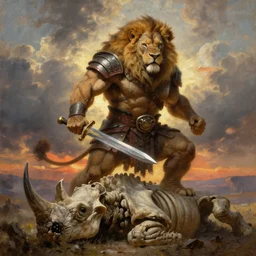 oversized muscular lion as barbarian with chest armor and sword in epic battle pose  standing on dead rhinoceros skeleton, very textured detailed oil painting panoramic backlight portrait by rembrandt, backlight, dramatic clouds ,sunset