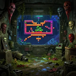 inside an overgrown military base, horror movies decorations, gameplay still frame, 4 colors, pixel art, futuristic, splash screen, level design, high contrast, background, deep focus, highly detailed, dramatic lighting, digital painting, artstation, concept art, matte, greg rutkowski, moebius.
