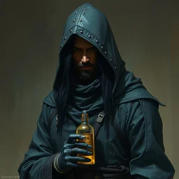 tall hooded aasimar alchemist, ear - length raven - black hair, holding a bottle of poison | | realistic shaded, fine details, realistic shaded lighting painting by greg rutkowski, diego gisbert llorens, magali villeneuve, artgerm, jeremy lipkin, michael garmash, rob rey