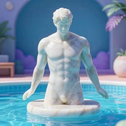 man marble sculpture in swimming pool, vaporwave background