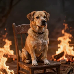 calm dog sitting on chair surronded by burning fire, realistic, 3d, digital art, octane render, detailed, dramatic light, cinematic