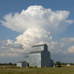 beautiful cumulonimbus clouds behind a grain elevator, dramatic lighting, idyllic, pastoral, nc wyeth, frederick remington, jeffrey smith, magritte