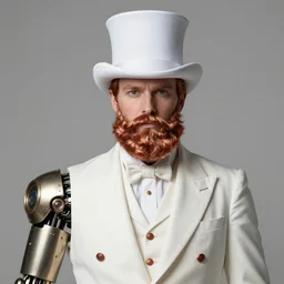 a upper body portrait of a man with a copper beard wearing a white top hat and white suit with copper buttons, the left arm a steampunk prosthetic