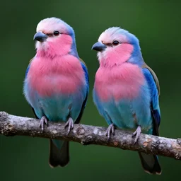 highly detailed realistic photo of pink and blue colored birds sitting on tree, green smooth dark background, vibrant colors, award winning masterpiece photography, hyper realistic, concept art, 8 k detail post - processing