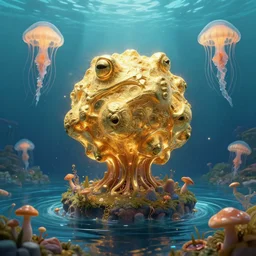mandelbulb gold rising from oceans, high detailed, island, jellyfish environment art, artstation, mushrooms, toad