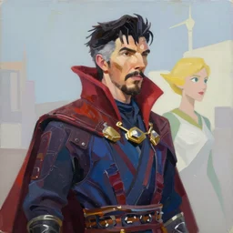 jeffrey jones portrait impasto painting of partially armored as doctor strange as overwatch character, evergarden, medium shot, asymmetrical, profile picture, organic painting, sunny day, matte painting, bold shapes, hard edges, illustration, trending on artstation, by huang guangjian, gil elvgren, ruan jia, greg rutkowski, gaston bussiere