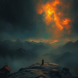 it is lonely at the edge of the world, melancholic, vibrant night sky, warm lighting, cinematic, highly detailed, masterpiece by craig mullins, ruan jia, greg rutkowski, rembrandt, caravaggio