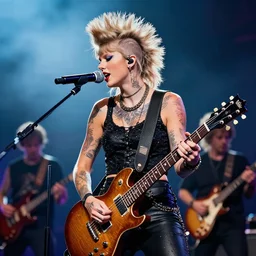 digital art of taylor swift with a mohawk hairstyle and lots of tattoos performing in a metal band