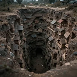 very a deep pit, houses are carved into the sidewalls, 8 k, shallow depth of field, moody lighting, ultra high detail, concept art,