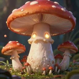 a mushroom monster with large glowing eyes, highly detailed, digital art, sharp focus, trending on art station, fungus spores, anime art style