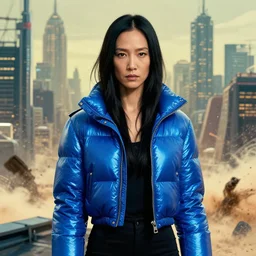 2 0 1 8 blade runner movie still jamie chung look at the cityscape from roof matrix perfect face fine realistic face pretty face neon puffy jacket blue futuristic sci - fi elegant by denis villeneuve tom anders zorn hans dragan bibin thoma greg rutkowski ismail inceoglu illustrated sand storm alphonse mucha