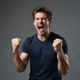 intense moment man clenching fists and screaming in celebration happy high emotion, studio lighting, dramatic, high resolution, photorealistic.