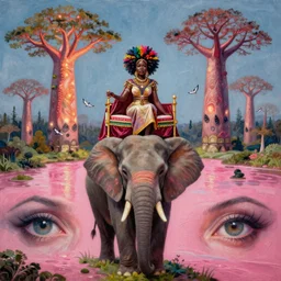 a regal and heroic african queen with a colorful afro sitting in a cabana on top of a enormous elephant near a pink river with a large glowing baobab tree, by amanda sage and alex grey and evgeni gordiets in a surreal psychedelic style, symmetrical, detailed eyes, oil on canvas 8k, hd