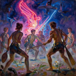 space battle, summer, neon light, painting by gaston bussiere, craig mullins, j. c. leyendecker