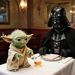 paparazi photo of yoda and darth vader in a restaurant table
