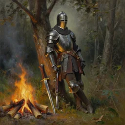 knight wearing sallet helmet leaning against a tree by the campfire with a discarded sword and gun, oil painting, by Fernanda Suarez and and Edgar Maxence and greg rutkowski