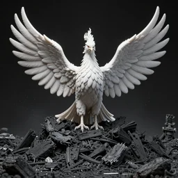 powerful phoenix rises from a gigantic pile of dark grey ashes, face like an eagle, wings made of fire, fierce and majestic look, eyes made of fire, hype realistic, 3 d, hyper detailed, complex and intricate, photorealistic, ultra quality, epic, cinematic, magic,