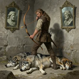Fantasy illustration by Clyde Caldwell - A hunter blocks the path with bow drawn and arrow nocked. A wolf lies dead at the hunter’s feet. Two hounds rest at the hunter’s feet, heads down, each with a paw on the wolf. The hunter’s face is as stony as the surrounding walls. Their long hair is pulled back in a ponytail. Mirrors hang on the north and south walls, reflecting the statue's grim face.