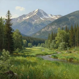 beautiful natural spring in the mountains, idyll, wild nature, hudson river school painting, naturalism