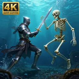 a knight with a sword!!, fighting a human skeleton!!!!!, underwater!!!!!!, dynamic lighting, caustics, 4 k, trending on artstation
