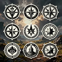 Full page knolling of several different high-res sci-fi faction vector logo “Gagarin” stickers