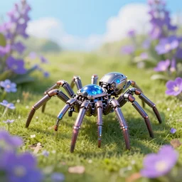 toy mechanical spider in a garden, hyper detailed, sharp focus, bokeh, unreal engine, ray tracing, cute, fantasy, sci fi, purple flowers, blue flowers, violet flowers, glowing flowers, tiny, small, hyper realistic, sky