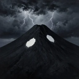 painting of a black mountain with two large white spots in the middle, dark skies, dark background, thunder, storm clouds, smoke, cinematic, insanely detailed and intricate, hypermaximalist, super detailed by ayami kojima, amano, karol bak, greg hildebrandt, and mark brooks