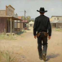 a man in black and a black hat walk around a western town, oil painting