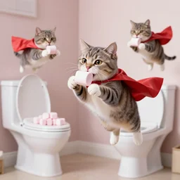 flying cats wearing capes eating marshmallows, flying toilets nearby