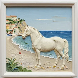 impasto relief painting of a beautiful italian beach scene, with a horse, claire tabouret