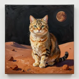 A painting of a cat on the Mars, in the style of Flooko, acrylic art, detailed