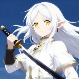 renaissance anime brave elf girl with white skin, katana in hand, wide golden eyes, hair blowing the wind, strong pose, trending art, fashion photography, centered, fate zero, hyper detailed, bokeh, studio glibly makoto shinkai, wlop
