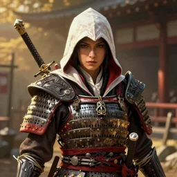 unknown Assassin's Creed: Japan female character portrait, clothed in hooded assassins armour, feudal Japanese environment, atmospheric lighting, painted, intricate, volumetric lighting, beautiful, golden hour, sharp focus, ultra detailed, by Leesha Hannigan, Ross Tran, Thierry Doizon, Kai Carpenter, Ignacio Fernández Ríos