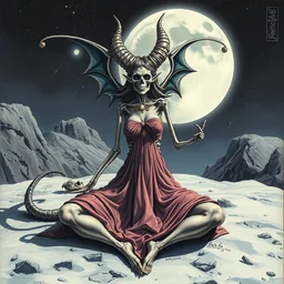 in the style of artgerm and joshua middleton, full body, beautiful demon, skeleton, queen, wearing a dress, meditating on the lunar surface, graffiti, highly detailed