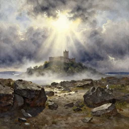 watercolor painting of rocky land, rough terrain, castle on top of the hill, sunshine and sun rays, art by anders zorn, wonderful masterpiece by greg rutkowski, beautiful cinematic light, american romanticism by greg manchess, creation by tyler edlin, stormy puffy clouds and harbour in distant background, foggy