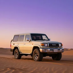 liberty walk toyota land cruiser in desert, sunset, purple gradient sky,