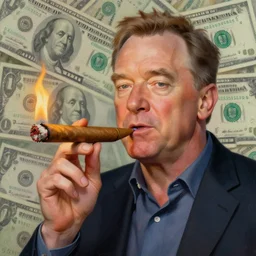 a painting of a portrait of jeff bezos lighting a big cigar, dollar bills as back ground, by dave rapoza and kekai kotaki, 4 k, 1 6 k, trending on art station, octane render, high quality