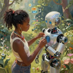 a black girl fixing a robot, in the nature, mixing solarpunk, afropunk and cyberpunk technology and aesthetic ( ( ( ( volumetric light ) ) ) ), high angle, part by pearl fryar, part by prince damah, sunny day, trending on artstation, high detailed, cinematic view, illustration, painting.
