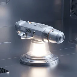 teleportation machine in a space station, light shining from the machine and illuminating the metal surfaces, octane render, houdini 3 d