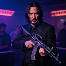 john wick holding assault rifle at a night club, 8k,