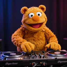 photoreal muppet fozzy bear DJing with DJ turntables