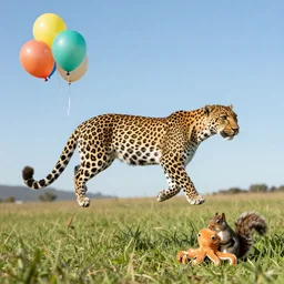 a leopard floating high above a grassy landscape with party balloons and a small squirrel clutching a stuffed plush octopus