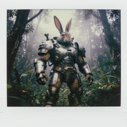 by military archive!! full shot!!!!! big chest!! rabbit armored sci - fi hulked oversized rabbit barbarian, fog, in deep jungle forest jungle, overcast!!! cinematic focus, polaroid photo, vintage, neutral colors, very soft lights, big overcast, very foggy, full shot by steve hanks, by serov valentin, by lisa yuskavage, by andrei tarkovsky