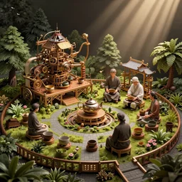 intricate mechanical tea garden ceremony illustration art by tim doyle