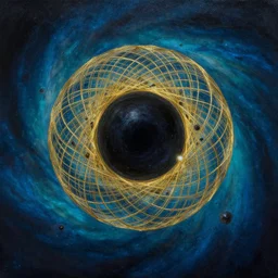a black hole at the center of a golden wireframe geometric structure, dyson sphere, deep blue and dark cyan nebula background, highly detailed artwork, acrylic painting